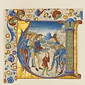 Manuscript Illumination with Joseph Sold by His Brothers in an Initial V, from an Antiphonary, Giovanni Pietro da Cemmo (Italian, active 1474–1507), Tempera, ink and gold on parchment; leather binding, Italian