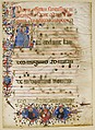 Manuscript Leaf with the Visitation in an Initial A and Cardinal Adam Easton with a Dominican Saint and Saint Dominic, from an Antiphonary, Tempera, ink and gold on parchment, Italian