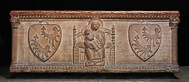 Sarcophagus with Virgin and Child and the Arms of the Sanguinacci Family, Red limestone, North Italian
