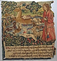 Old Age Drives the Stag out of a Lake and the Hounds Cold, Heat, Anxiety, Vexation, Heaviness, Fear, Age, and Grief Attack Him, (from The Hunt of the Frail Stag), Wool warp,  wool and silk wefts, South Netherlandish