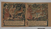 Old Age Drives the Stag out of a Lake and the Hounds Cold, Heat, Anxiety, Vexation, Heaviness, Fear, Age, and Grief Attack Him, (from The Hunt of the Frail Stag), Wool warp,  wool and silk wefts, South Netherlandish