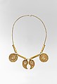 Gold Necklace with Pendants, Pendants: gold - sheet; scribed, engraved, chased, punched; wire - beaded; granulation.  Tubes: gold - sheet; wire - beaded.  Chain: gold - strip (half round)., Byzantine