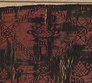 Guilloche Lattice with Pinecone (?), Weft-faced compound twill (samit) in red, black, and blue silk, Byzantine