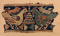 Fragment of Wall Hanging with confronted cocks and running dogs, Wool and linen, Coptic