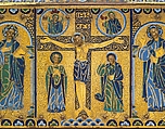 Chasse with the Crucifixion and Christ in Majesty, Copper: engraved, chiseled, stippled, and gilt; champlevé enamel: dark, medium, and light blue; turquoise, dark and light green, yellow, red, and white; wood core, painted red on exterior, French