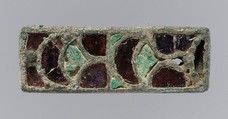 Rectangular Mount, Copper alloy, garnets, malachite (efflourescence in HCl), Visigothic
