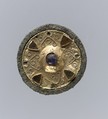 Disk Brooch, Gold, blue and pale amber glass, copper alloy support, Frankish