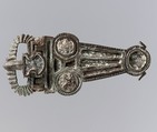 V-Shaped Buckle, Copper alloy, cast (tongue, loop, plaque); red enamel with impressed..., Frankish