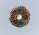 Disk Brooch, Copper alloy, garnets, green glass, with patterned foil backings..., Frankish