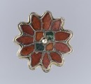 Rosette Brooch, Gilded silver, garnets with patterned foil backings, green glass, pearl, Frankish
