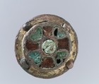 Disk Brooch, Copper alloy, gilded, mother-of-pear; garnets and green glass inlaid with silver foil backings; copper alloy back, no spring/pin extant, Frankish