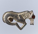 Horse-Shaped Brooch, Silver-gilt, garnet with foil backing(?); iron spring, Frankish