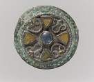 Disk Brooch, Silver-gilt, blue and pale amber glass, copper alloy support (gilt?), Frankish