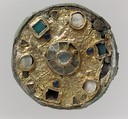 Disk Brooch, Gold, glass, mother-of-pearl, copper alloy, Frankish