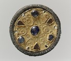 Disk Brooch, Gold, wire, glass paste cabochons, copper alloy core, Frankish
