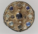 Disk Brooch, Gold, copper alloy, iron pin, glass paste, glass paste cabochons, Frankish
