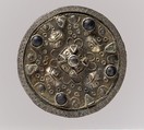 Disk Brooch, Copper alloy, Gold, wire, silver rim, paste cabochons, remnant of iron pin, Frankish