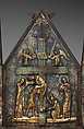 Tabernacle of Cherves, Copper (plaques): engraved, scraped, stippled, and gilt; (appliqués): repoussé, chased, engraved, scraped, and gilt; champlevé enamel: medium blue, turquoise, medium green, yellow, red, and white, modern wood mount, French