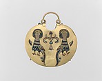 Temple Pendant with Two Sirens Flanking a Tree of Life (front) and Confronted Birds (back), Cloisonné enamel, gold, Kyivan Rus’