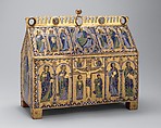 Chasse with the Crucifixion and Christ in Majesty, Copper: engraved, chiseled, stippled, and gilt; champlevé enamel: dark, medium, and light blue; turquoise, dark and light green, yellow, red, and white; wood core, painted red on exterior, French