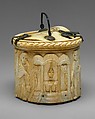 Circular Box (Pyxis) with the Women at Jesus' Tomb, Elephant ivory with metalwork and paint, Byzantine