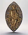 Plaque with Saint Peter in Glory, Copper (plaque): chased, engraved, stippled, and gilt; (appliqué): repoussé, engraved, chased, scraped, stippled and gilt; champlevé enamel: medium and light blue, turquoise, green, yellow, red, and white; dark blue and turquoise glass beads, French
