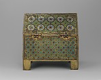 Chasse with Christ in Majesty and Apostles, Copper: engraved, chiseled, stippled, gilt; champlevé enamel: blue-black, dark, medium, and light blue; turquoise, green, yellow, red, translucent red, and white, French