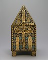 Tabernacle, Copper (plaques): engraved, scraped, stippled, and gilt; (appliqués): repoussé, chased, engraved, scraped, and gilt;  champlevé enamel: blue-black, dark, medium, and light blue; turquoise, dark and medium green, yellow, red, and white; wood core, painted red, French