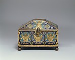 Chrismatory, Copper: engraved, chased, and gilt; champlevé enamel: lapis and lavender blue, turquoise, light and dark green, red, and white, French