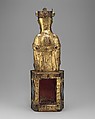 Virgin and Child, Copper: formed, repoussé, engraved, chased, scraped, and gilt; hands cast; champlevé enamel: dark, medium, and light blue; turquoise, green, yellow, red, and white; glass cabochons; wood core, French