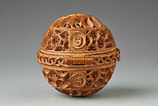 Prayer Bead with the Crucifixion and Jesus Carrying of the Cross, Boxwood; copper case; velvet and leather pouch, Netherlandish