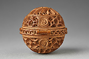 Prayer Bead with the Crucifixion and Jesus Carrying of the Cross, Boxwood; copper case; velvet and leather pouch, Netherlandish