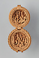Prayer Bead with the Crucifixion and Jesus Carrying of the Cross, Boxwood; copper case; velvet and leather pouch, Netherlandish