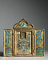 Triptych Reliquary of the Cross, Gilded copper, champlevé enamel, émail brun, and rock crystal, Mosan
