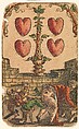Suit of Hearts, from The Playing Cards of Peter Flötner, Peter Flötner (German, Thurgau 1485–1546 Nuremberg), Woodcut on paper with watercolor, opaque paint, and gold; the d’Este arms are hand drawn in pen and ink on the 2 of every suit, German