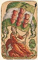 Suit of Hearts, from The Playing Cards of Peter Flötner, Peter Flötner (German, Thurgau 1485–1546 Nuremberg), Woodcut on paper with watercolor, opaque paint, and gold; the d’Este arms are hand drawn in pen and ink on the 2 of every suit, German