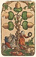 Suit of Acorns, from The Playing Cards of Peter Flötner, Peter Flötner (German, Thurgau 1485–1546 Nuremberg), Woodcut on paper with watercolor, opaque paint, and gold; the d’Este arms are hand drawn in pen and ink on the 2 of every suit, German