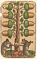 Suit of Acorns, from The Playing Cards of Peter Flötner, Peter Flötner (German, Thurgau 1485–1546 Nuremberg), Woodcut on paper with watercolor, opaque paint, and gold; the d’Este arms are hand drawn in pen and ink on the 2 of every suit, German