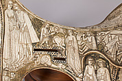 Saddle, Bovine bone (body of saddle), deer antler and bone (decorative elements), limewood, rawhide, birchbark, and metal paint, Central European