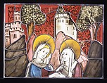 Stained Glass Panel with the Visitation, Pot metal, white glass, vitreous paint, silver stain, olive-green enamel, German