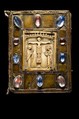 Gospel Book (so-called Small Bernward Gospel), Mss: Opaque paint, gold, and silver on parchment; Binding and front cover: Leather, copper worked in vernis brun; gilded copper, rock crystal, paint on parchment under horn (?) on oak. Byzantine ivory plaque, Northeast French and German (Hildesheim)