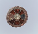 Disk Brooch, Copper alloy, garnets and green glass with patterned foil backings, mother-of-pearl; iron back, Frankish