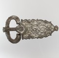 Belt Buckle, Iron overlaid, inlaid with silver, iron rivets, Frankish
