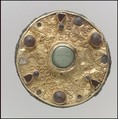 Disk Brooch, Copper alloy, coated with gold, iron pin, glass paste & glass paste cabochons, Frankish