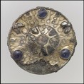 Disk Brooch, Silver over copper alloy, paste cabochons, iron pin, gold setting, seed pearl, Frankish