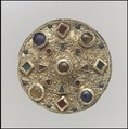 Disk Brooch, Gold sheet with filigree and glass inlays, Frankish