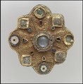 Disk Brooch, Gold sheet, filigree, moonstone/adularia, glass cabochons, garnets, mother-of-pearl, and moonstone, Frankish