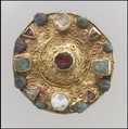 Disk Brooch, Copper alloy, coated with gold overlay, glass or stone, Frankish