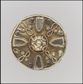 Disk Brooch, Gold sheet, beaded wire; granulation, clear glass inlaid with red glazing on the underside; gold sheet attached to a copper alloy back with silver rivets; no spring/pin or attachment posts extant., Frankish