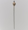 Hairpin, Silver (pin), gold (knop) with filigree granulation, garnets, Frankish